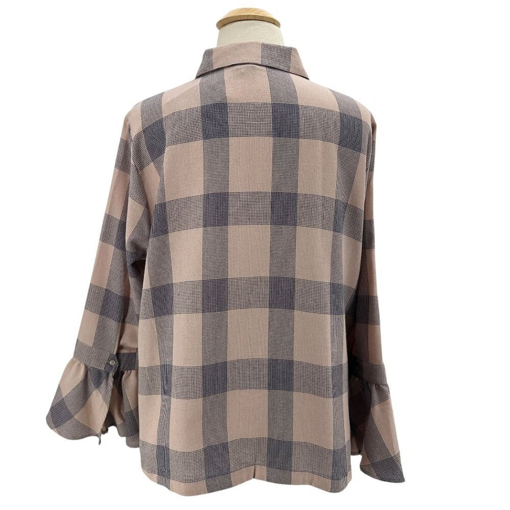 NEW Lane Bryant Womens 22 Top Bell Sleeve Checker Pink Blue Hidden Button - Picture 6 of 10